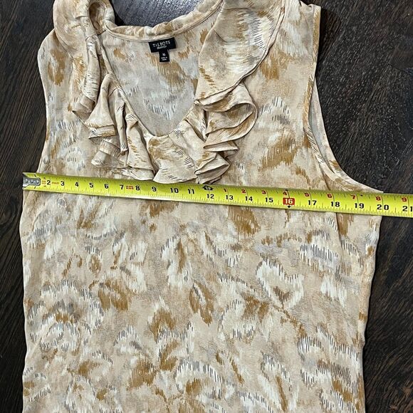 Talbots Top 100% Silk Women’s 16 Brown Cream Leaf Ruffle Neck Sleeveless - Picture 6 of 6